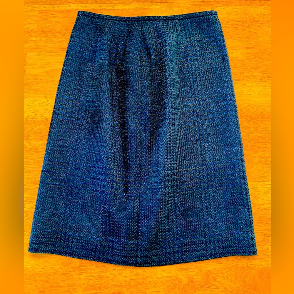 Etcetera (6) Straight Blue Plaid-like Textured Below the Knee Skirt